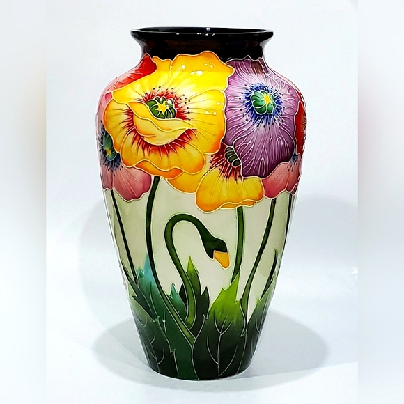 11 3/4" Bold Cloisonné Styl Asian Poppies Dramic Black + Floral Ceramic Art Vase - Picture 3 of 15